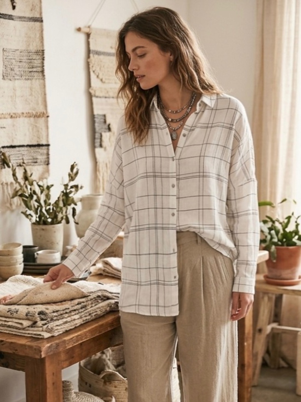 Grade & Gather White Cotton Black Plaid Long Flared Button-Down Tunic Shirt S